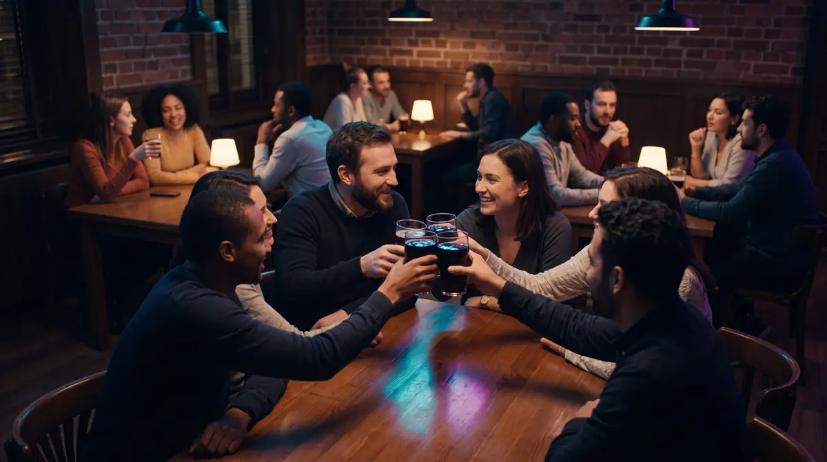 Bar de bairro no happy hour — imagem conceitual gerada por IA
