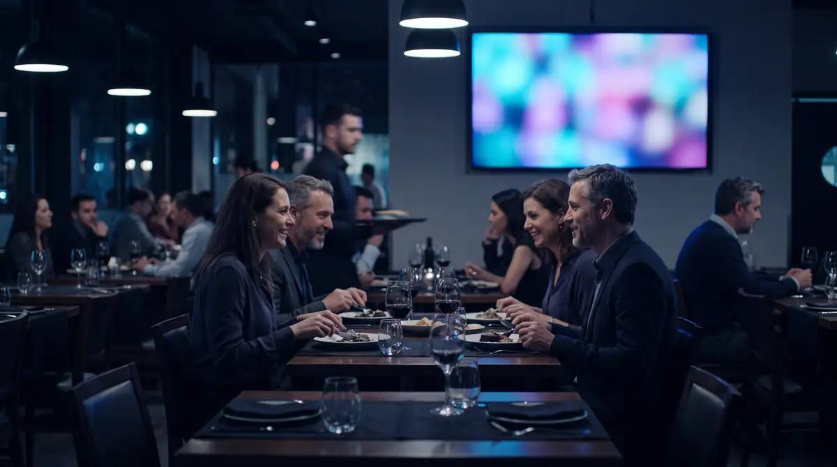 Restaurante com telão — imagem conceitual gerada por IA